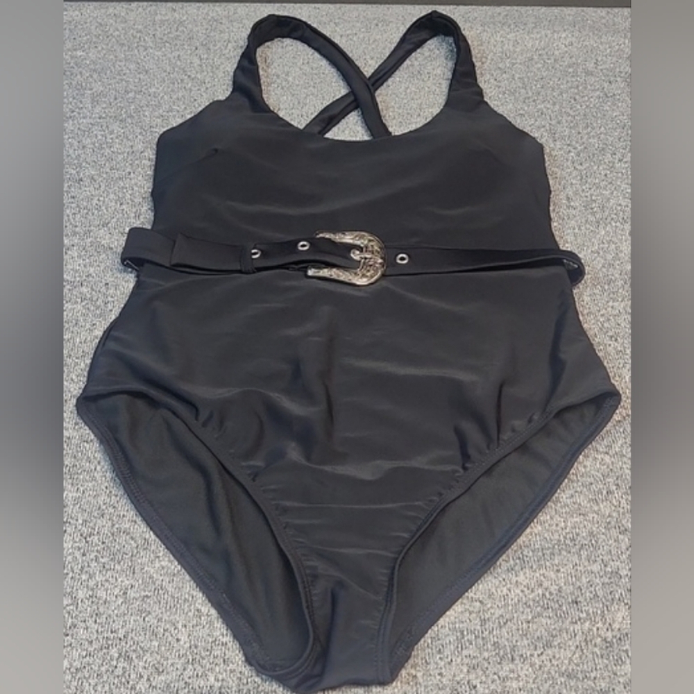 No Boundaries Black Women's One Piece Swim Suit.  Size M. Belt Buckle. NWT